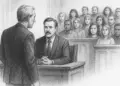 Black and white sketch of a trial attorney practicing silent advocacy with attentive jurors
