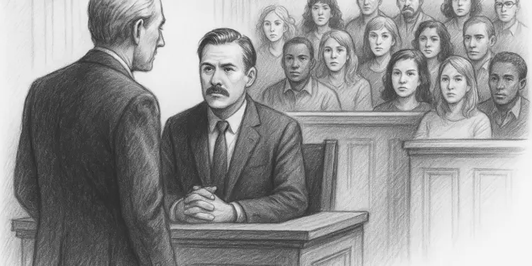 Black and white sketch of a trial attorney practicing silent advocacy with attentive jurors