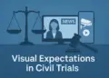 Scales of justice, news anchor, and smartphone camera representing visual expectations in civil trials