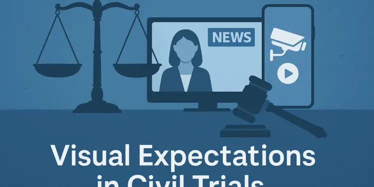 Scales of justice, news anchor, and smartphone camera representing visual expectations in civil trials