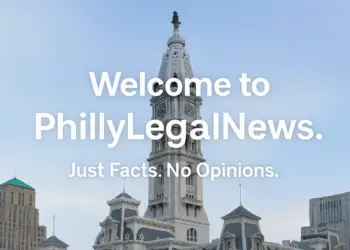 Philadelphia City Hall with overlaid text 'Welcome to PhillyLegalNews – Just Facts. No Opinions.