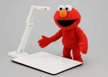 Elmo character using an ELMO document camera in a courtroom setting