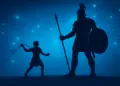 Silhouettes of David and Goliath facing off against a glowing blue digital background symbolizing courtroom technology.