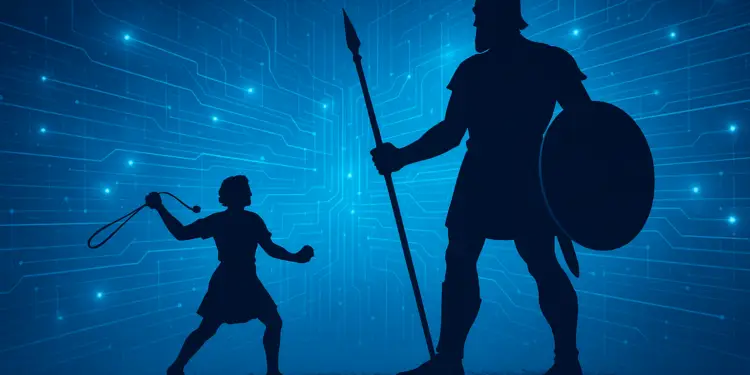 Silhouettes of David and Goliath facing off against a glowing blue digital background symbolizing courtroom technology.