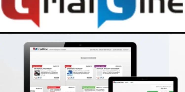 TrialLine legal timeline software – visual case chronology display on laptop and tablet with TrialLine logo