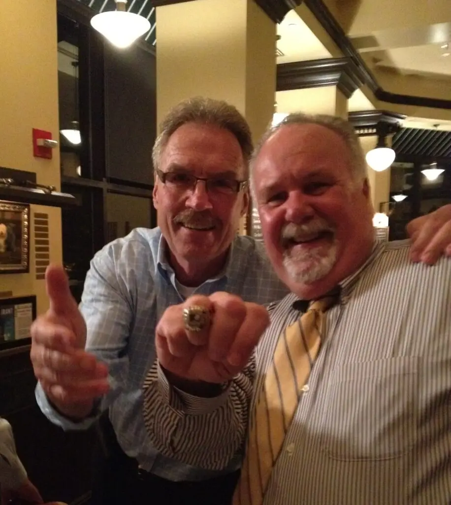 Thomas Oakes with Philadelphia Flyers legend Bill Clement at the FDCC Dine-Around at the Rittenhouse Hotel, proudly wearing a Stanley Cup ring from the Broad Street Bullies era.