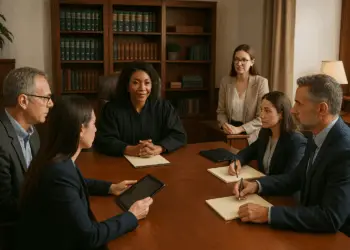 Judge meeting with attorneys during final pre-trial conference — Silent Advocacy Series, Philly Legal News