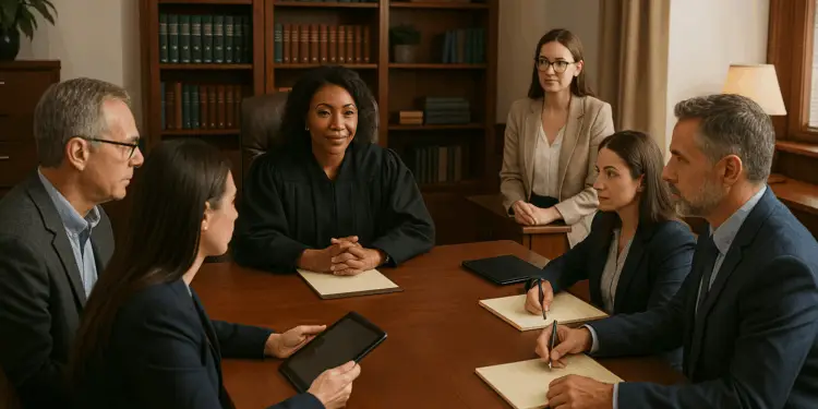 Judge meeting with attorneys during final pre-trial conference — Silent Advocacy Series, Philly Legal News