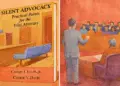 composite image showing the Silent Advocacy book cover beside a watercolor courtroom scene with an attorney addressing a jury