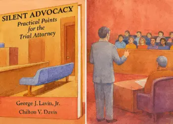 composite image showing the Silent Advocacy book cover beside a watercolor courtroom scene with an attorney addressing a jury