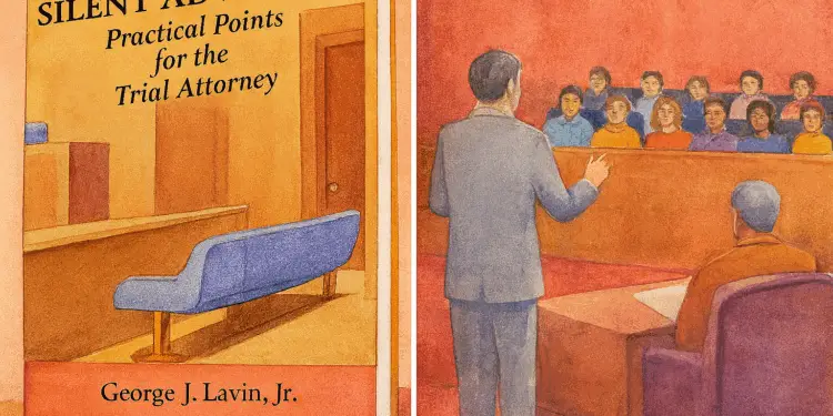 composite image showing the Silent Advocacy book cover beside a watercolor courtroom scene with an attorney addressing a jury