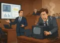 Attorney presenting smoothly with high-tech trial tools while opposing counsel panics with outdated equipment in a courtroom.