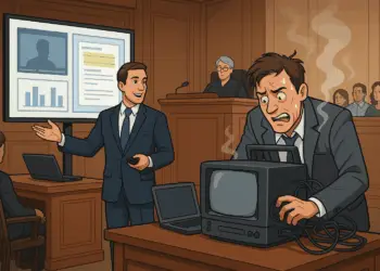 Attorney presenting smoothly with high-tech trial tools while opposing counsel panics with outdated equipment in a courtroom.