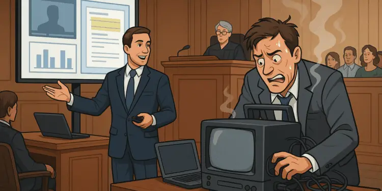 Attorney presenting smoothly with high-tech trial tools while opposing counsel panics with outdated equipment in a courtroom.