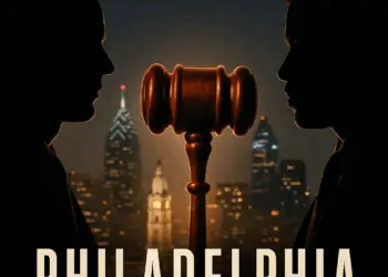 Cinematic-style image of two silhouetted attorneys facing opposite directions with a gavel between them and the Philadelphia skyline glowing in the background, representing the real case that inspired the movie Philadelphia.