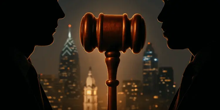 Cinematic-style image of two silhouetted attorneys facing opposite directions with a gavel between them and the Philadelphia skyline glowing in the background, representing the real case that inspired the movie Philadelphia.