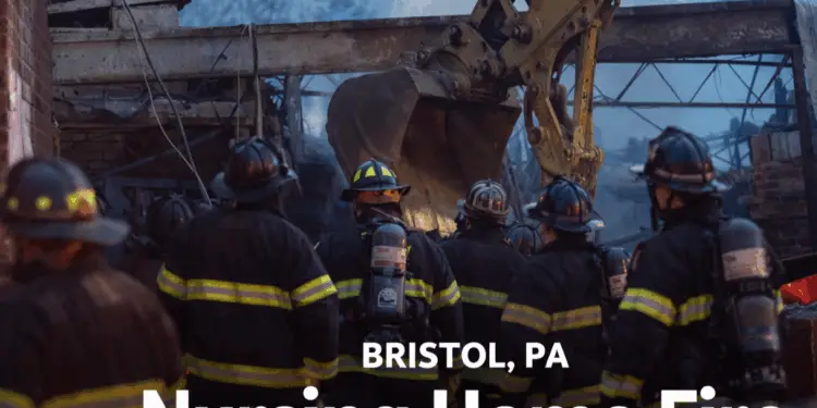 Firefighters and an excavator working at the scene of the Bristol, PA nursing home fire after the December 2025 explosion.