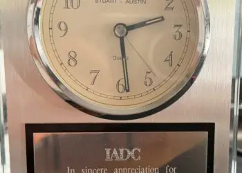 Engraved clock presented to Thomas Oakes in appreciation for his service at the 30th Annual IADC Trial Academy