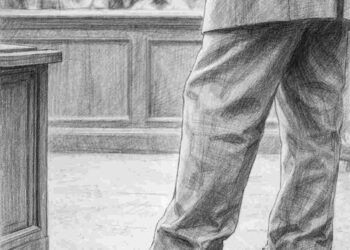 courtroom story showing an elder attorney’s scuffed shoes during a closing argument, a moment no transcript captures