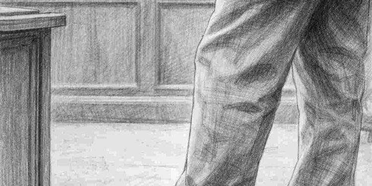 courtroom story showing an elder attorney’s scuffed shoes during a closing argument, a moment no transcript captures