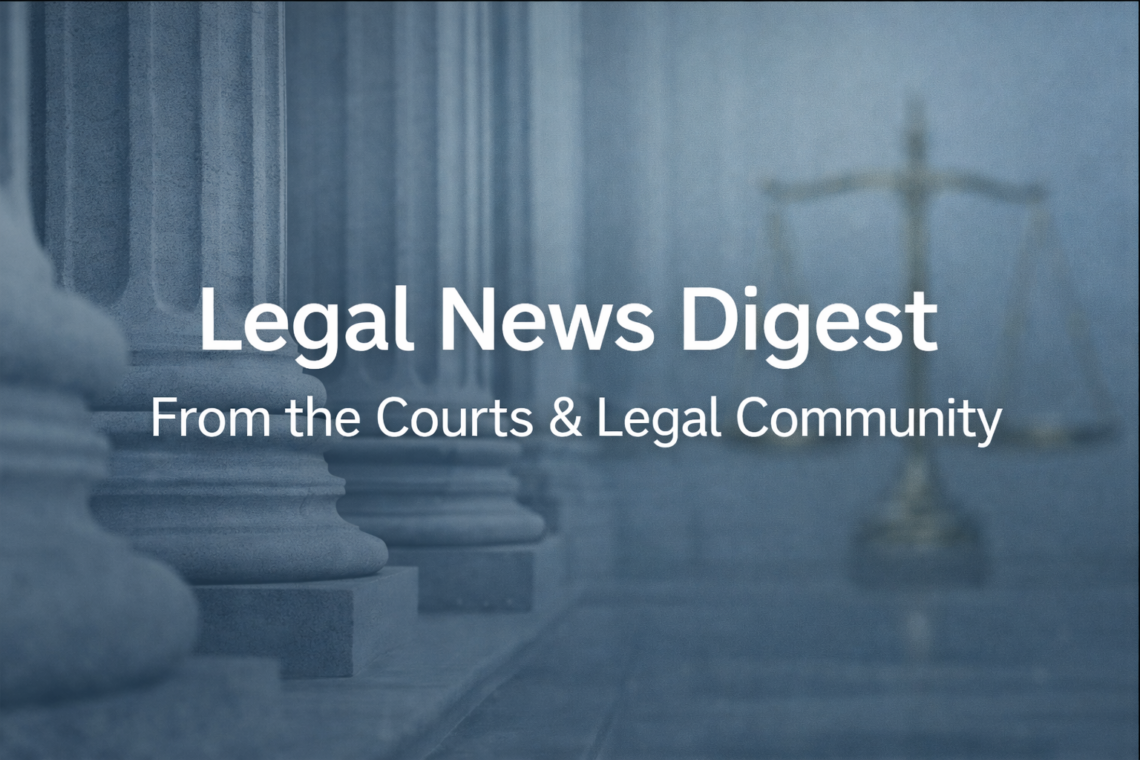 Legal News Digest featuring courthouse columns and scales of justice representing court and legal community updates