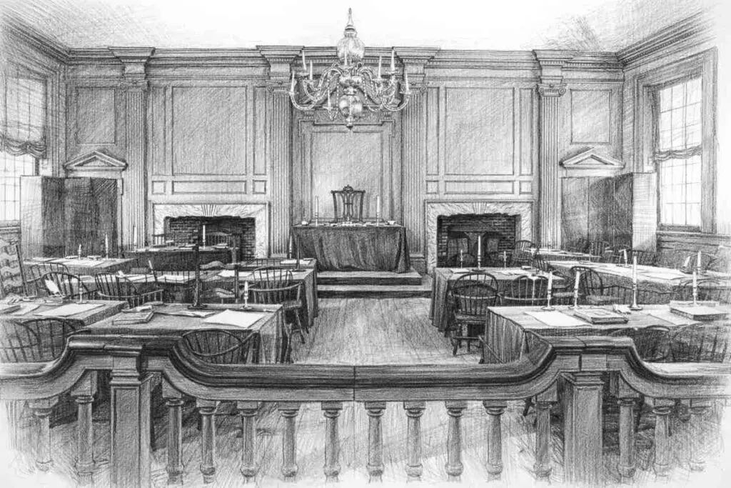 Independence Hall Assembly Room sketch showing oath ceremony perspective from behind the rail