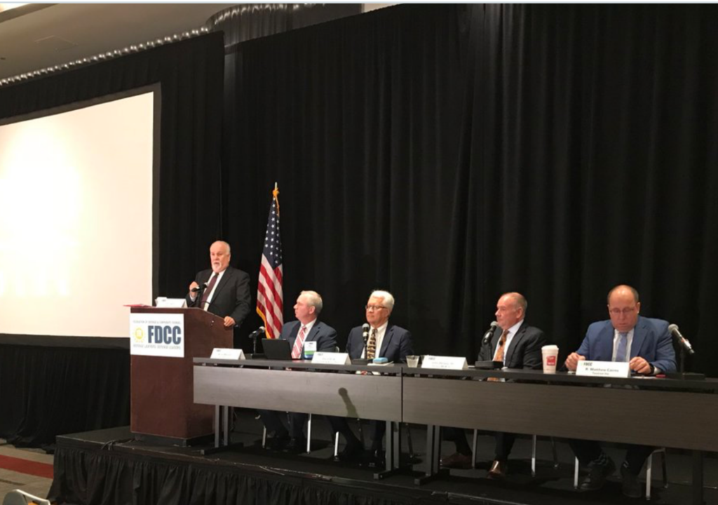 FDCC educational panel presentation discussing litigation technology modernization, courtroom communication strategy, and multimedia trial presentation systems