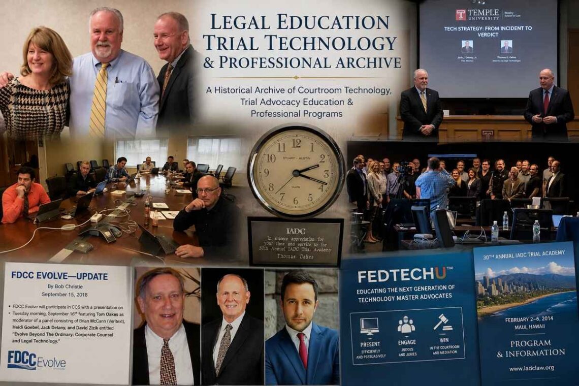 Collage featuring Thomas Oakes, Temple University trial technology presentations, FDCC Evolve programs, FedTechU educational sessions, IADC Trial Academy recognition, and courtroom technology training initiatives