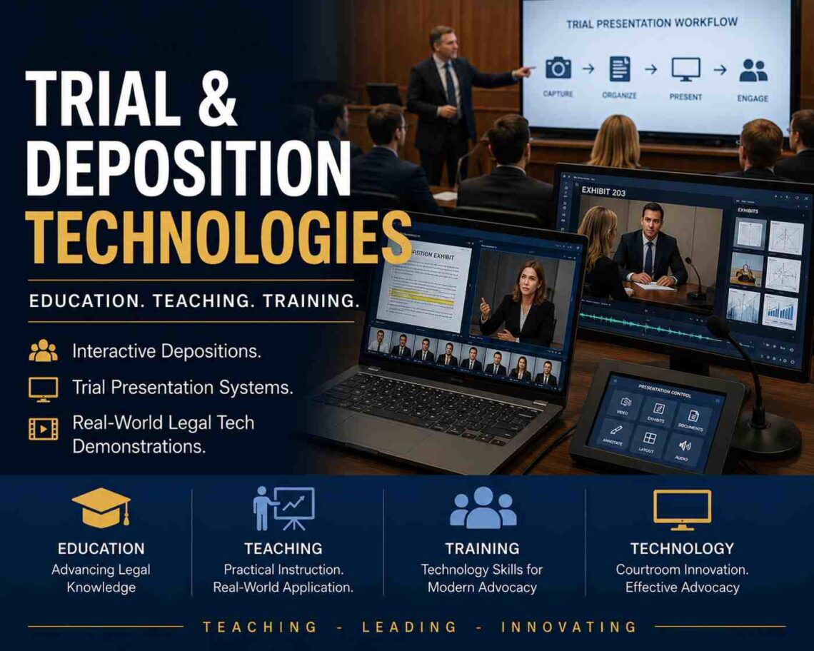 Trial and deposition technology training graphic showing interactive depositions, trial presentation systems, and legal-tech demonstrations in a courtroom education setting.
