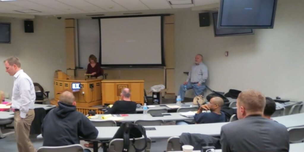 Temple University Beasley School of Law LL.M. trial advocacy classroom preparing for litigation technology and courtroom communication instruction