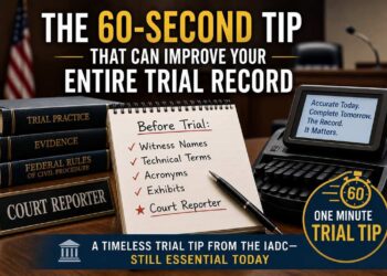 Featured image for "The 60-Second Trial Tip Every Trial Lawyer Should Know," highlighting courtroom preparation, court reporting, and trial record accuracy based on Thomas G. Oakes' 2010 IADC publication.