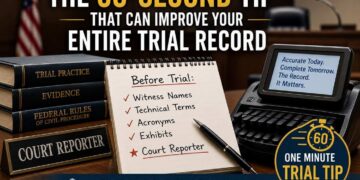 Featured image for "The 60-Second Trial Tip Every Trial Lawyer Should Know," highlighting courtroom preparation, court reporting, and trial record accuracy based on Thomas G. Oakes' 2010 IADC publication.