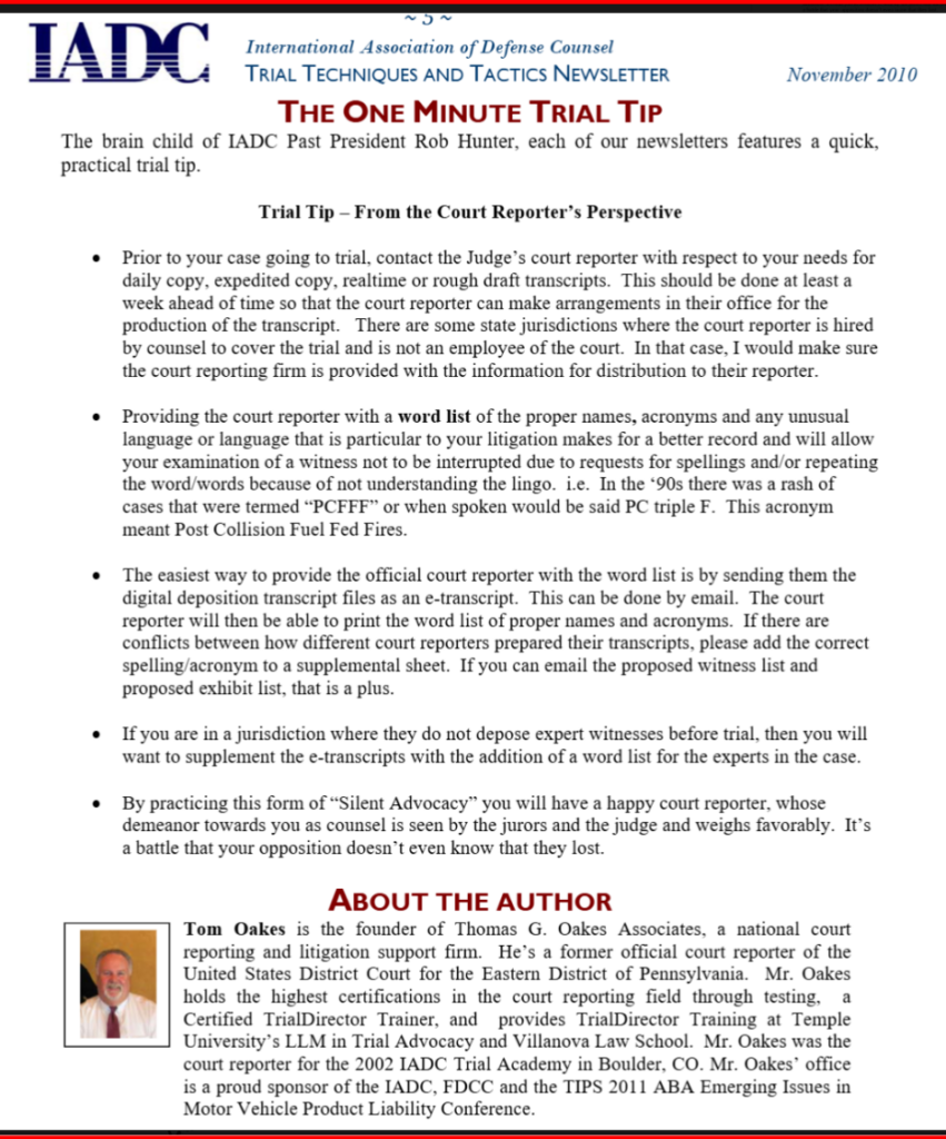 2010 International Association of Defense Counsel (IADC) Trial Techniques and Tactics newsletter page featuring Thomas G. Oakes'