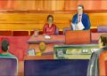 Courtroom illustration from Silent Advocacy Chapter XI depicting direct examination during a jury trial.