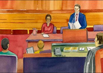 Courtroom illustration from Silent Advocacy Chapter XI depicting direct examination during a jury trial.