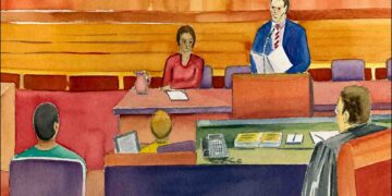 Courtroom illustration from Silent Advocacy Chapter XI depicting direct examination during a jury trial.