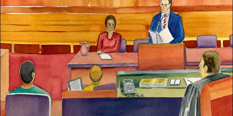 Courtroom illustration from Silent Advocacy Chapter XI depicting direct examination during a jury trial.