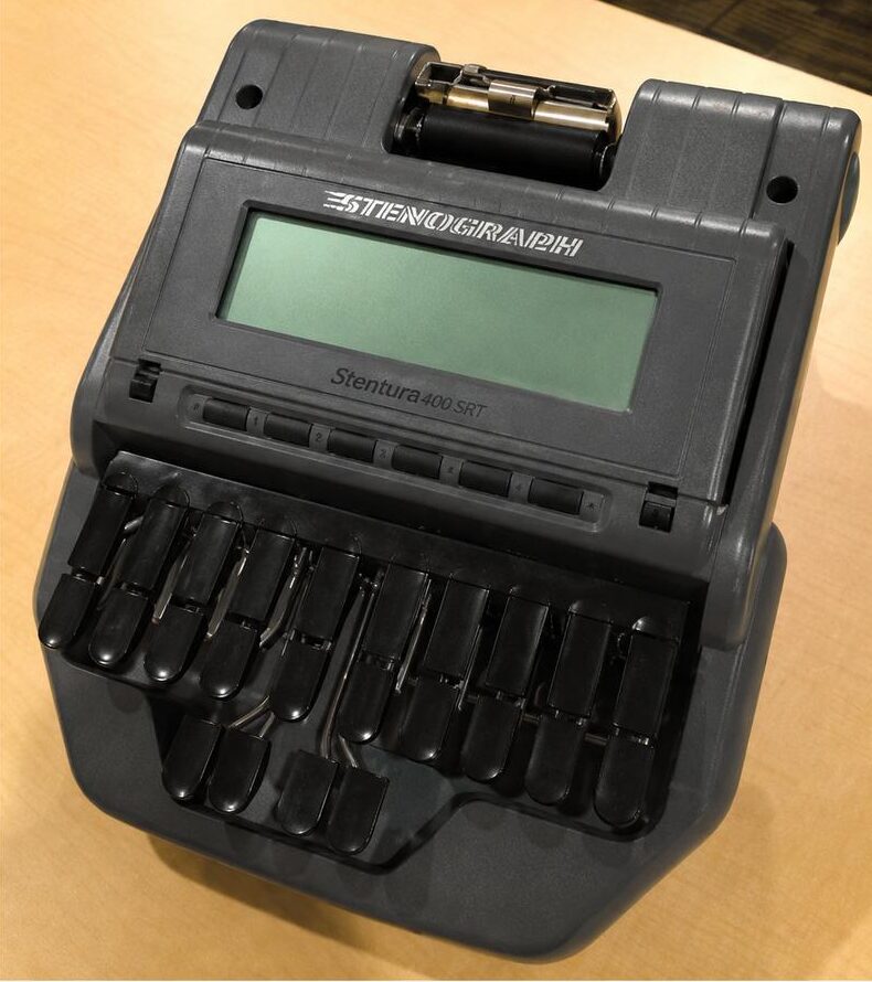 Stenograph Stentura 400 SRT stenographic writer used by court reporters for realtime transcription during depositions and courtroom proceedings.