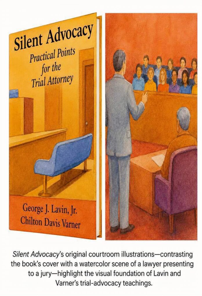 Book cover of Silent Advocacy: Practical Points for the Trial Attorney by George J. Lavin, Jr. and Chilton Davis Varner beside an original courtroom watercolor illustration depicting a lawyer presenting evidence to a jury.