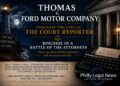 Featured illustration for Thomas v. Ford Motor Company with the Cape May lighthouse, a federal courthouse and a typewriter reading “The Record Never Forgets.”