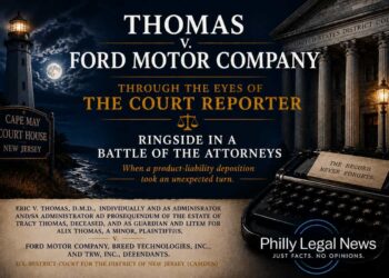 Featured illustration for Thomas v. Ford Motor Company with the Cape May lighthouse, a federal courthouse and a typewriter reading “The Record Never Forgets.”