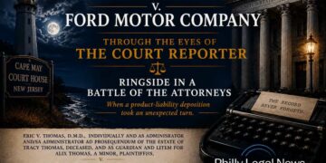 Featured illustration for Thomas v. Ford Motor Company with the Cape May lighthouse, a federal courthouse and a typewriter reading “The Record Never Forgets.”