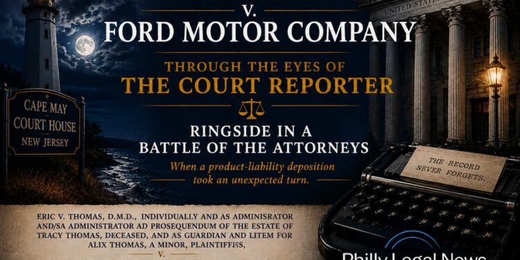 Featured illustration for Thomas v. Ford Motor Company with the Cape May lighthouse, a federal courthouse and a typewriter reading “The Record Never Forgets.”