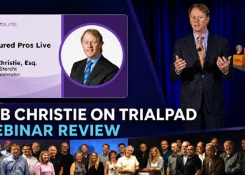Bob Christie TrialPad webinar review collage with a LIT SUITE title card, presentation graphic and FDCC FedTech group photo.