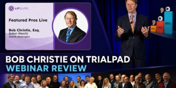 Bob Christie TrialPad webinar review collage with a LIT SUITE title card, presentation graphic and FDCC FedTech group photo.