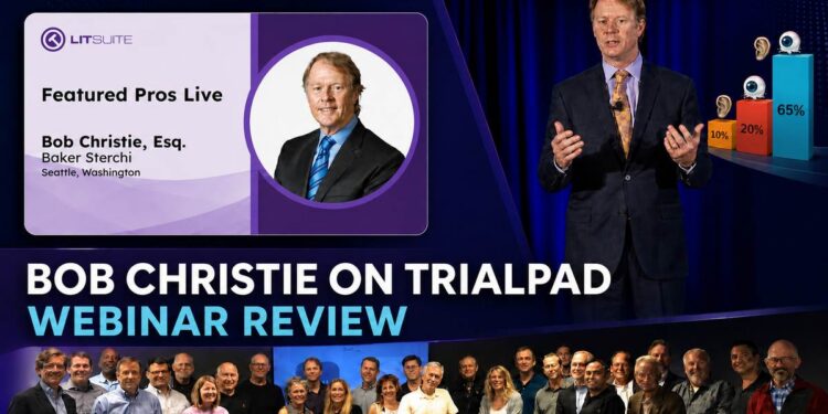 Bob Christie TrialPad webinar review collage with a LIT SUITE title card, presentation graphic and FDCC FedTech group photo.