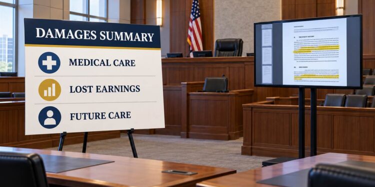 Trial exhibit on an easel beside a digital screen during a courtroom presentation