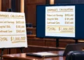 Handwritten damages calculation board displayed on a courtroom screen with the one-million-dollar total highlighted