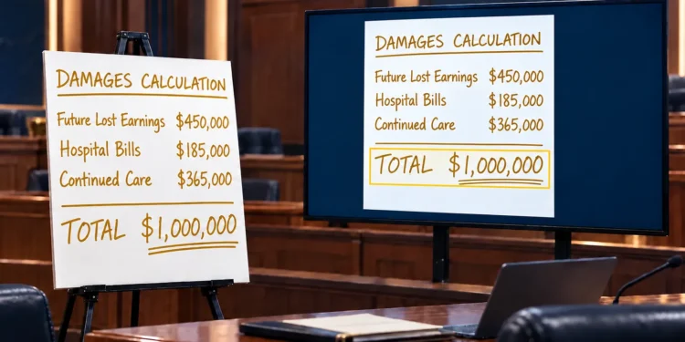 Handwritten damages calculation board displayed on a courtroom screen with the one-million-dollar total highlighted