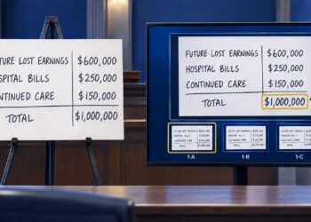 Witness-Marked Foam Board into a Digital Trial Exhibit - Featured image for a PhillyLegalNews Quick TechTip showing an original witness-marked damages board beside a courtroom display. The display uses the same board information with digital highlighting and snapshot labels to illustrate how each presentation iteration can be saved and republished.